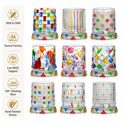 Hand-Painted Spinning Whiskey Glass Stress-Relief Colorful Crystal Tumbler for Home Bar