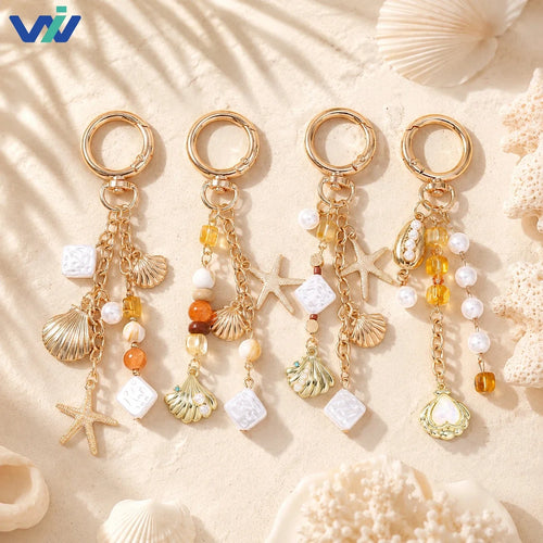 New Pearl Beaded Metal Keychain Ocean Style Starfish Shell Metal Charms Fashion Beach Bag