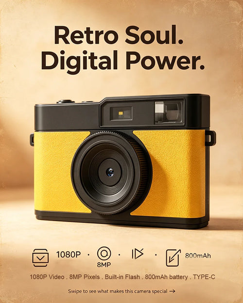 Retro Screenless Digital Camera 8MP Sensor LED Flash Screenless Camera Built-in Battery 3