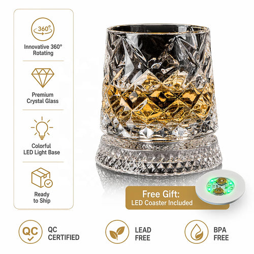 Luxury Crystal Rotating Spirits Tumbler Set with Glowing Coaster for Father Day Gift
