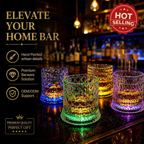 360 Degree Spinning Whiskey Glass with Colorful LED Light Up Base for KTV Bar Home Decor