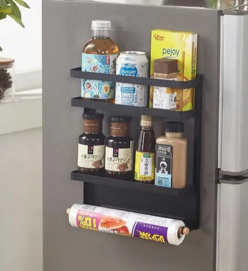 Metal Black Magnetic Fridge Spice Rack Organizer,Kitchen Refrigerator Storage Shelf
