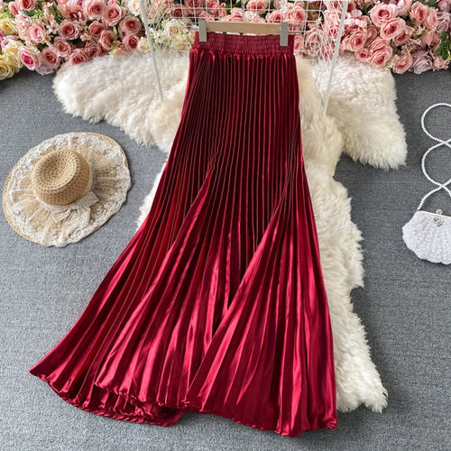 Spring Mid-length Pleated Skirt High Waist Slim A-line Skirt Korean Satin Organ Pleated