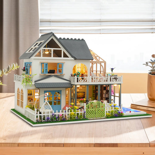 DIY Wooden Dollhouse Kit Miniature Cottage House Kit with LED Lights Swimming Pool