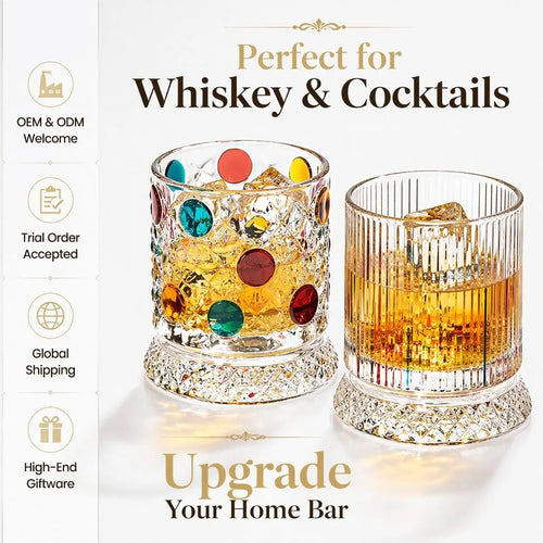 Hand Painted Spinning Whiskey Glass Set with Rotatable Base for Home Bar Light Luxury