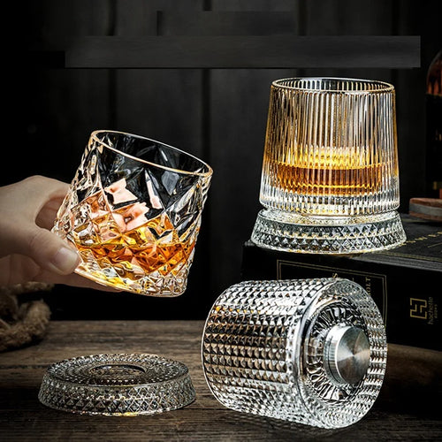 Crystal Creative Vintage Embossed Rotating Whiskey Glasses Bar Rocks Spirit Glass Cup