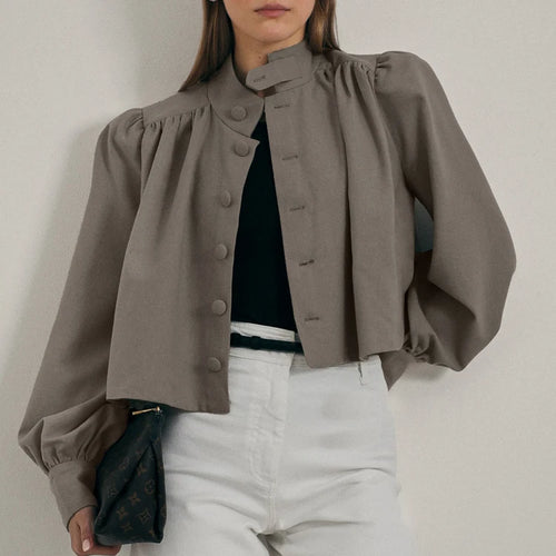 Summer Single Breasted Button Up Stand Collar Long Sleeve Cropped Short Cardigan Office