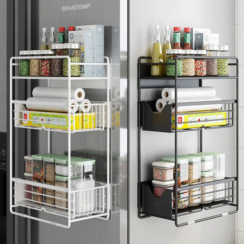 Multiple Use Magnetic Kitchen Refrigerator Side 3-Layer Storage Shelf Rack for Wall