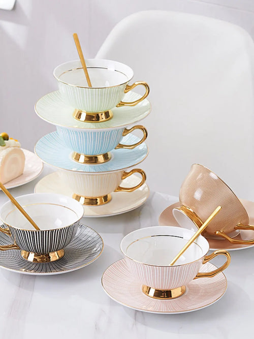 Nordic-style 12-piece Ceramic Coffee Cup and Saucer Set Striped Design in 6 Colors