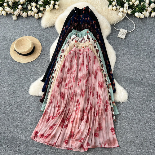 Floral Draped Straight Skirt Women Casual High Waist Chiffon Skirts for Girls Sweet Skirt