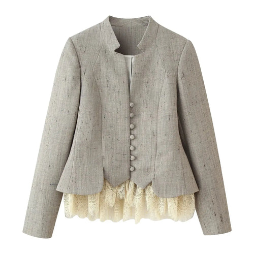 Taop&za Autumn New Women's Cropped Blazer Long-Sleeve, Stand-Collar, Single-Breasted