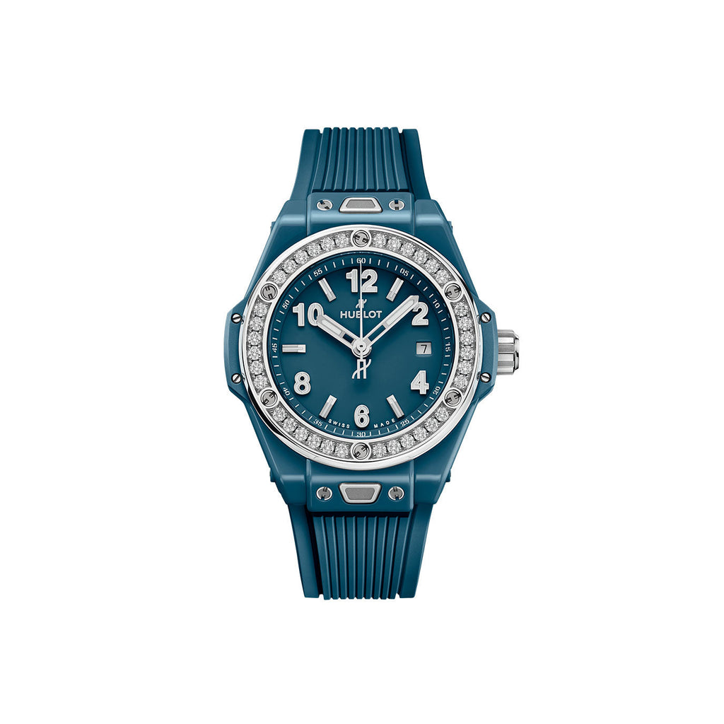 Unworn Big Bang One Click Petrol Blue Ceramic Diamonds 33, 485.ES.5171.RX.1204, box and papers