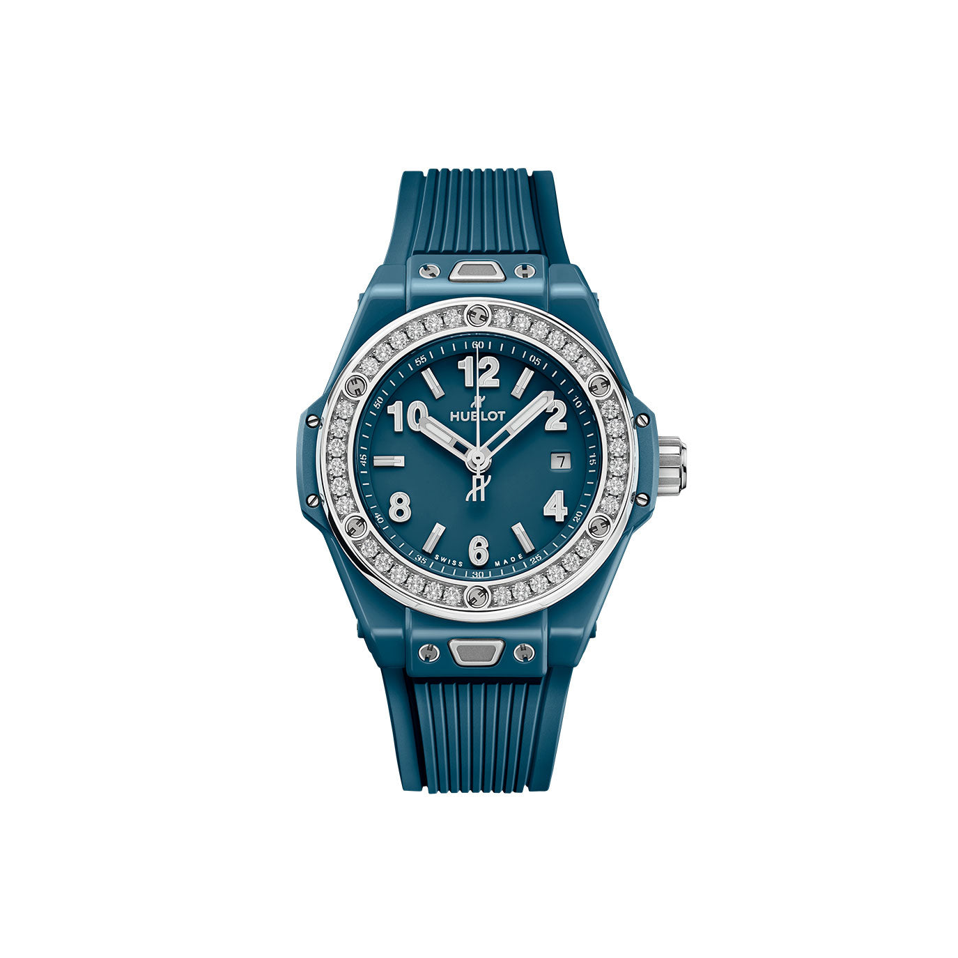 Unworn Big Bang One Click Petrol Blue Ceramic Diamonds 33, 485.ES.5171.RX.1204, box and papers