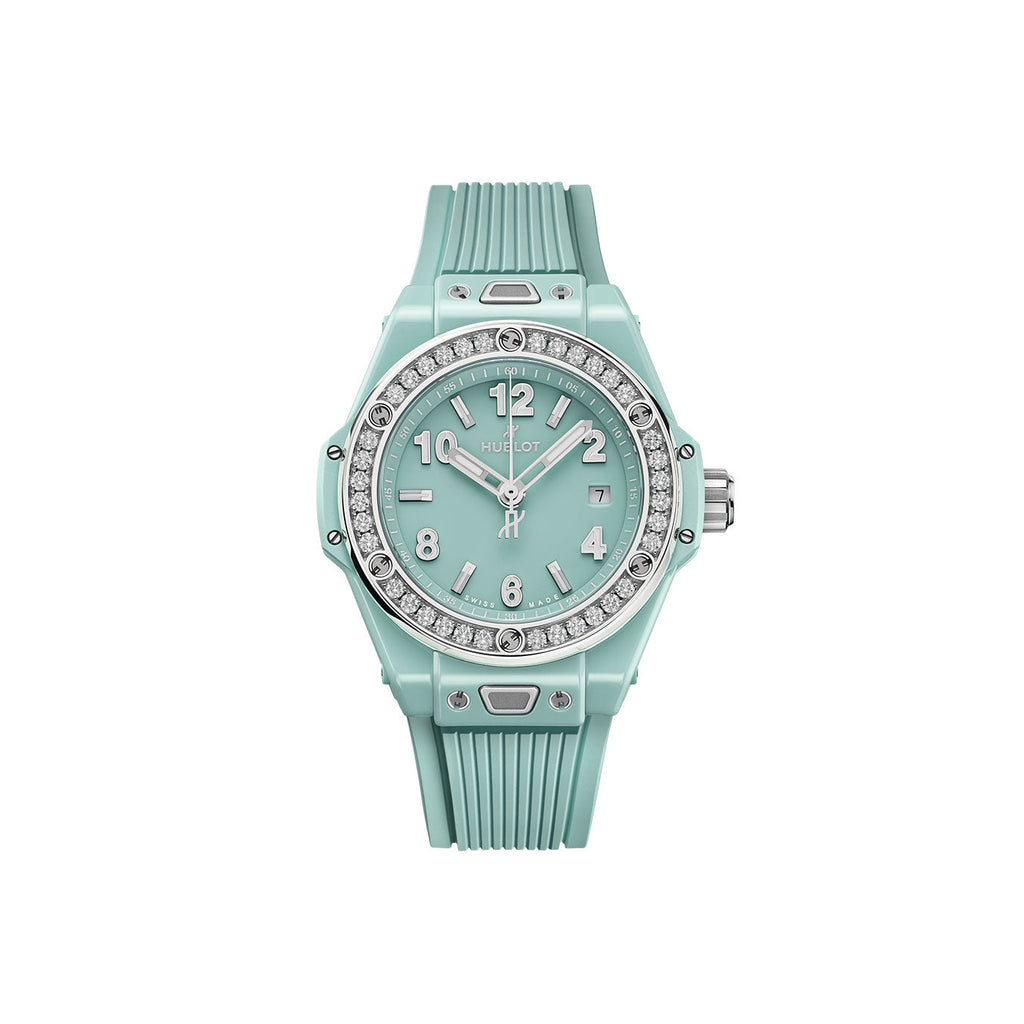 Unworn Big Bang One Click Mint Green Ceramic Diamonds 33, 485.GS.5271.RX.1204, box and papers