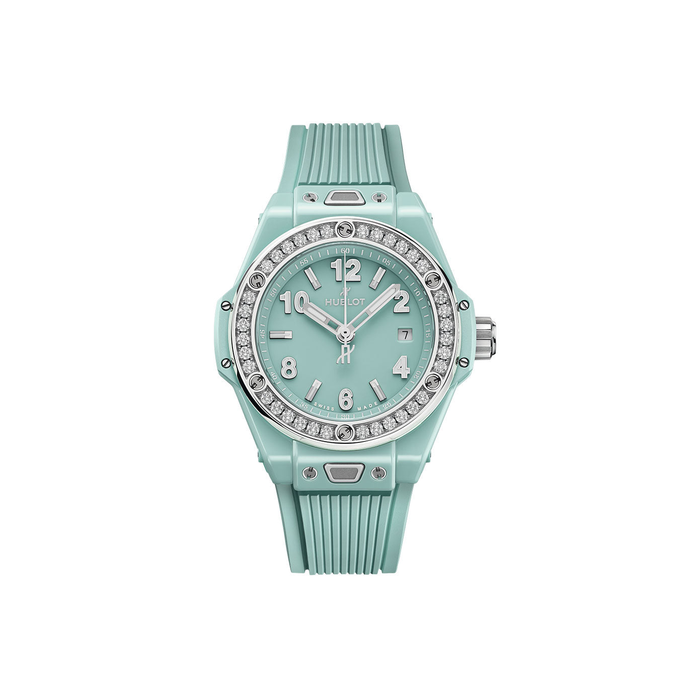 Unworn Big Bang One Click Mint Green Ceramic Diamonds 33, 485.GS.5271.RX.1204, box and papers