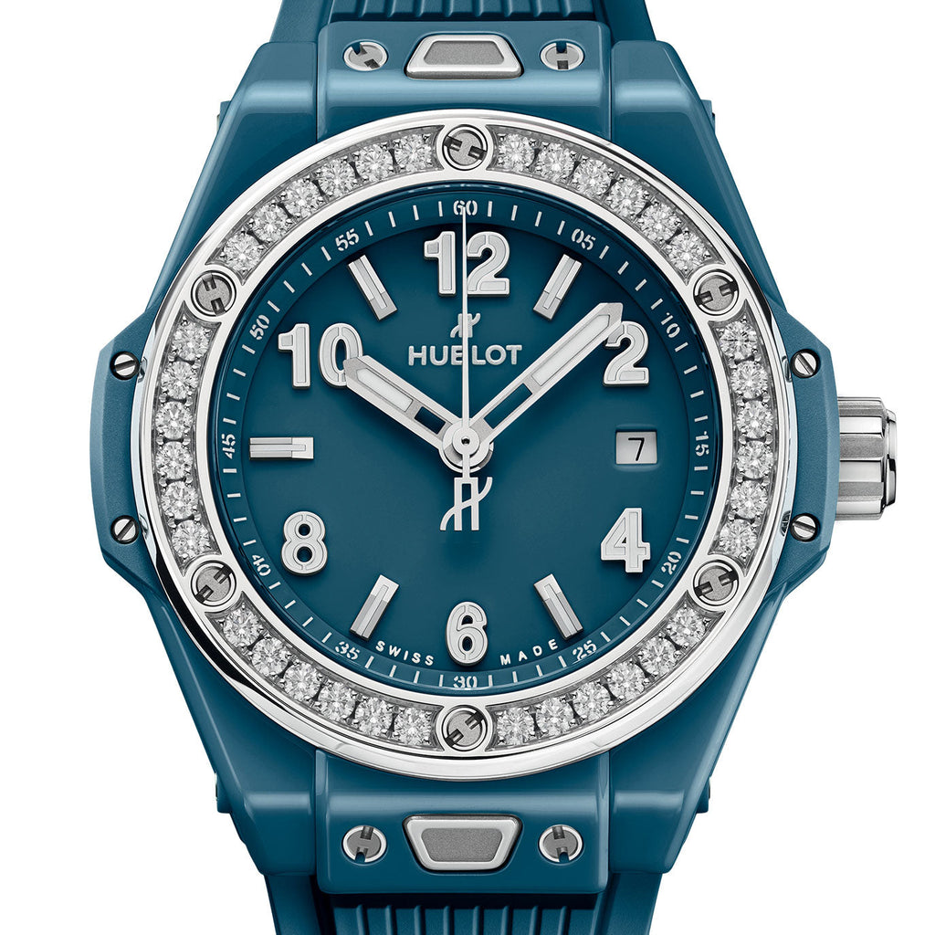 Unworn Big Bang One Click Petrol Blue Ceramic Diamonds 33, 485.ES.5171.RX.1204, box and papers