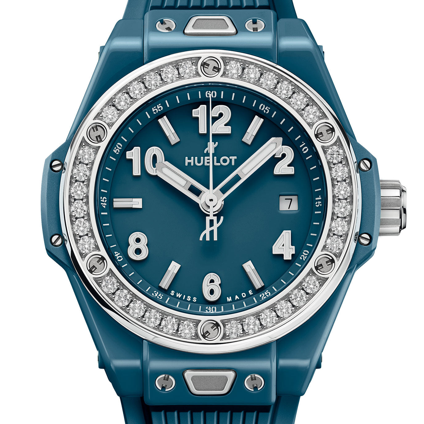 Unworn Big Bang One Click Petrol Blue Ceramic Diamonds 33, 485.ES.5171.RX.1204, box and papers