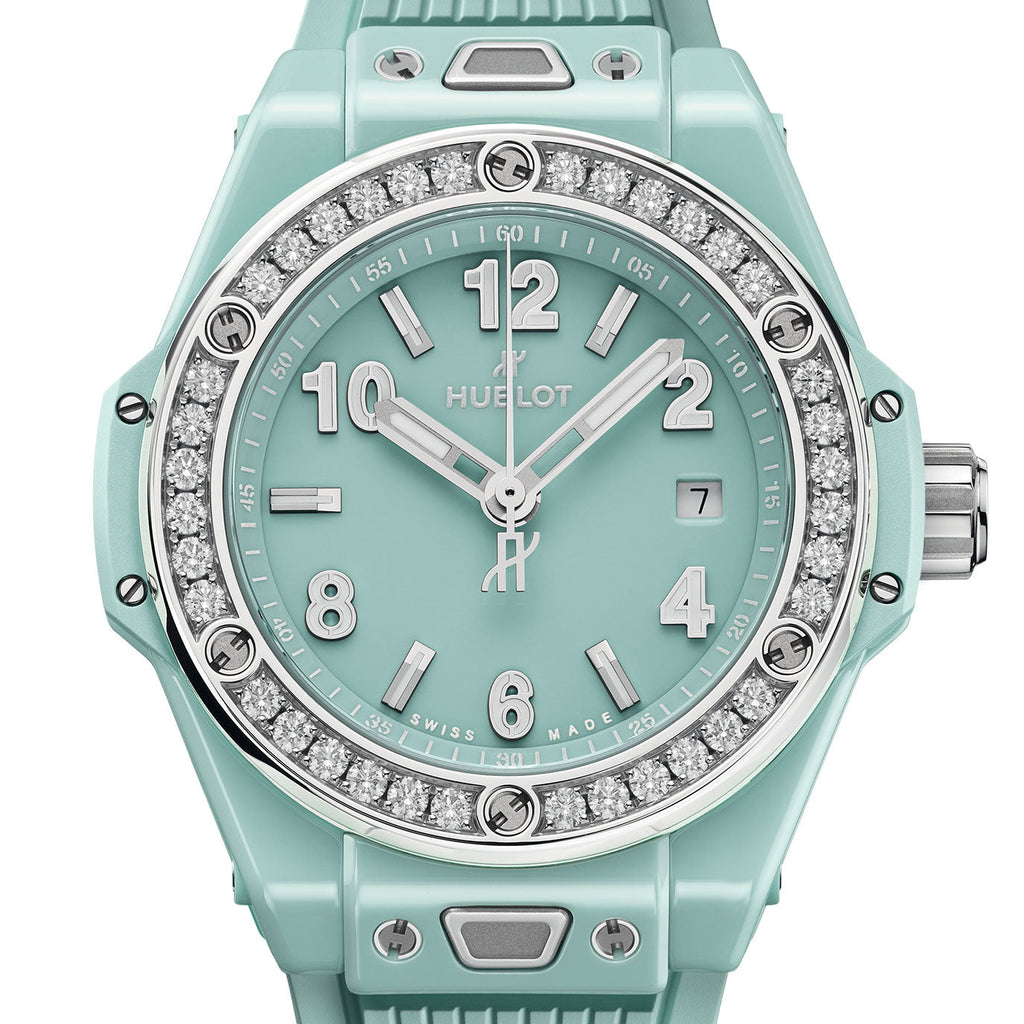 Unworn Big Bang One Click Mint Green Ceramic Diamonds 33, 485.GS.5271.RX.1204, box and papers