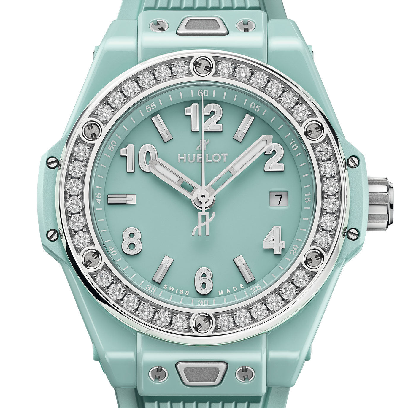 Unworn Big Bang One Click Mint Green Ceramic Diamonds 33, 485.GS.5271.RX.1204, box and papers