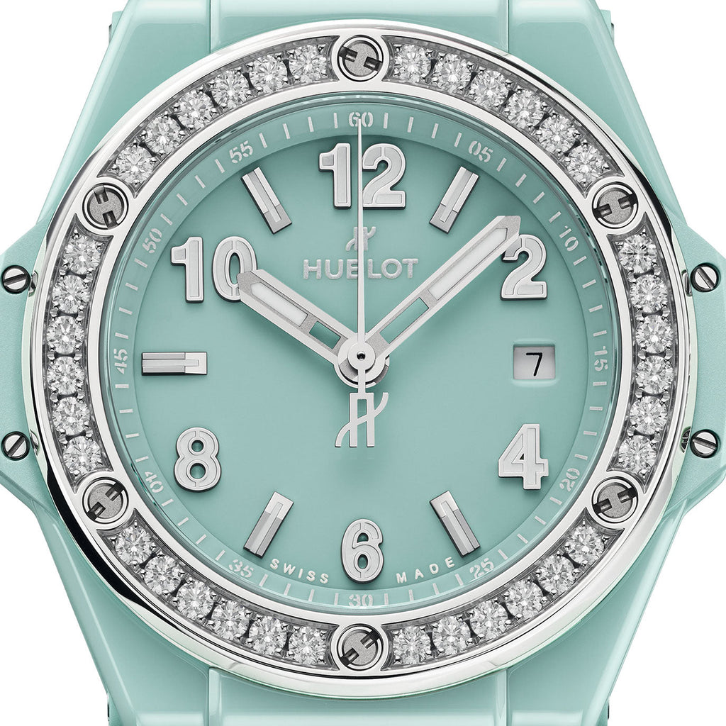 Unworn Big Bang One Click Mint Green Ceramic Diamonds 33, 485.GS.5271.RX.1204, box and papers