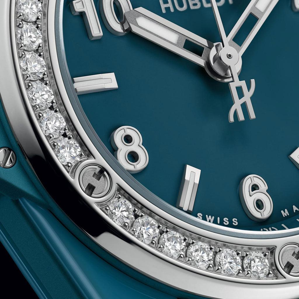 Unworn Big Bang One Click Petrol Blue Ceramic Diamonds 33, 485.ES.5171.RX.1204, box and papers
