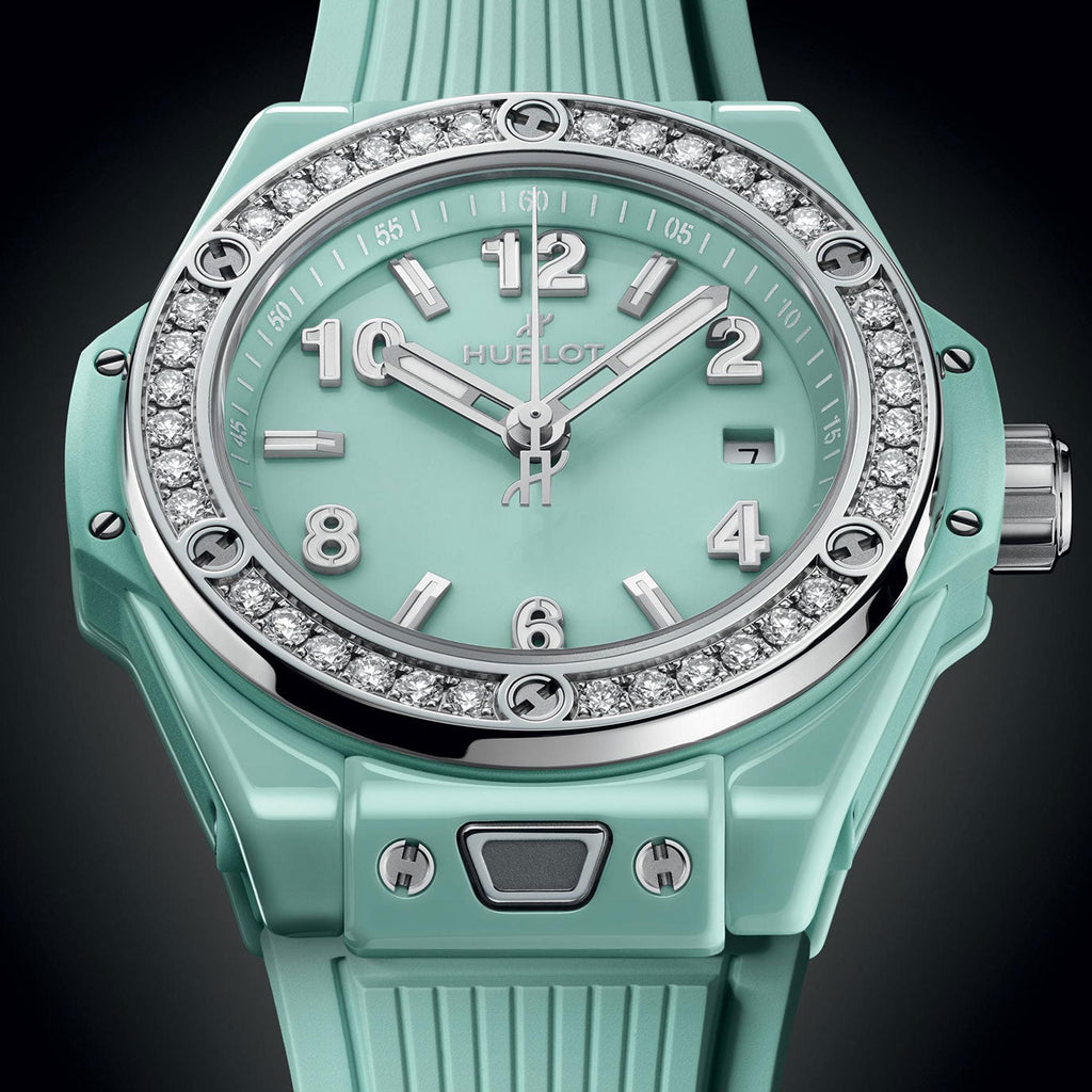 Unworn Big Bang One Click Mint Green Ceramic Diamonds 33, 485.GS.5271.RX.1204, box and papers