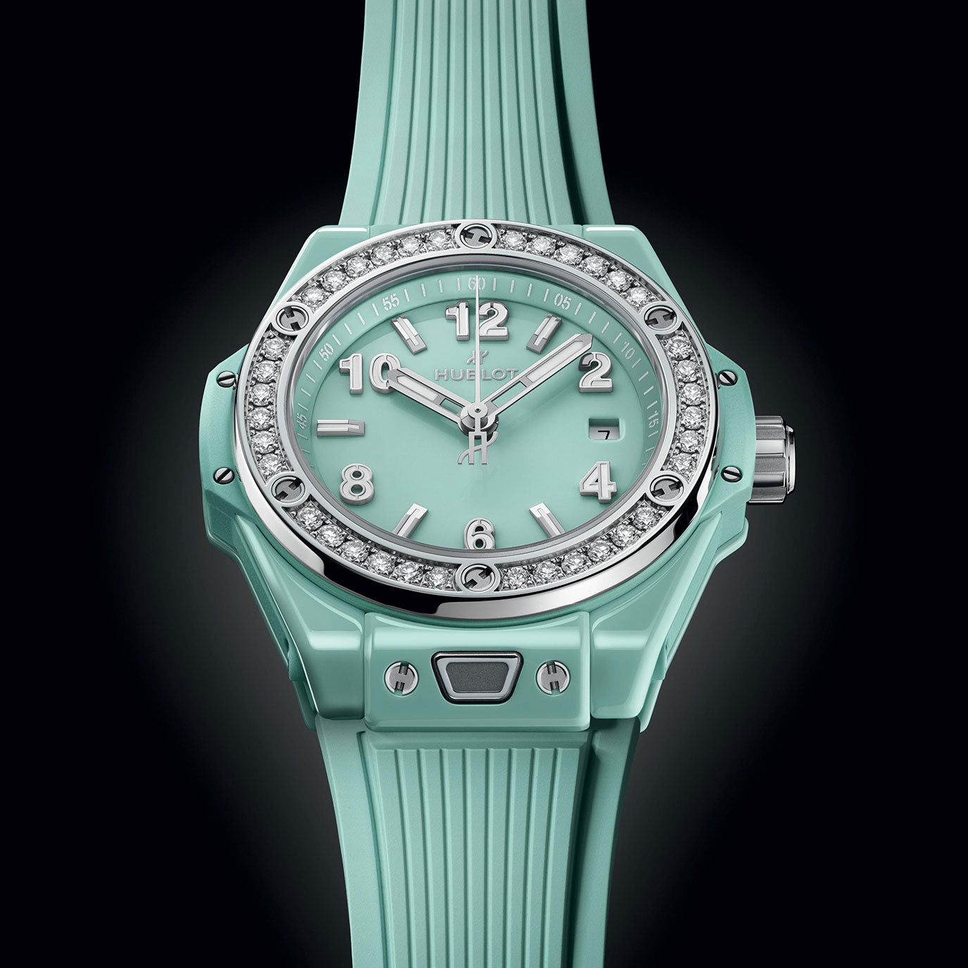 Unworn Big Bang One Click Mint Green Ceramic Diamonds 33, 485.GS.5271.RX.1204, box and papers