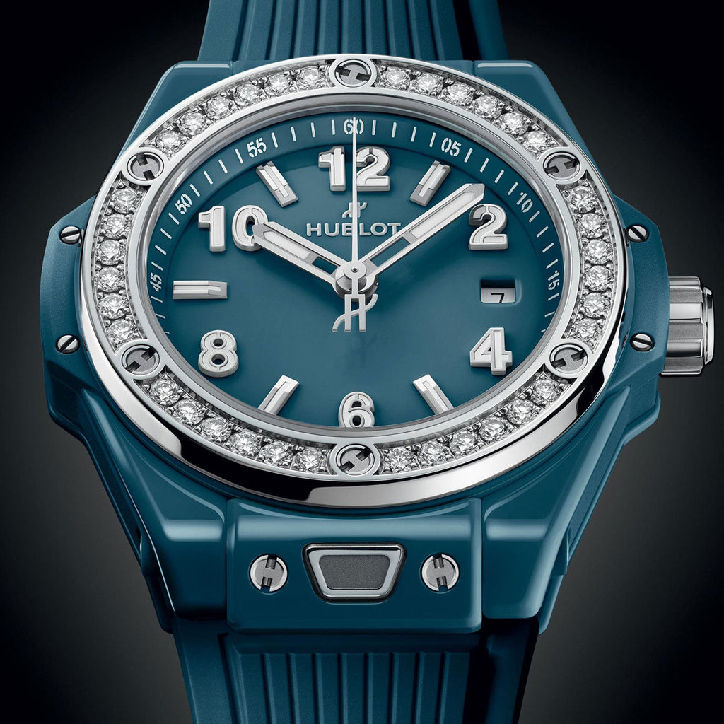 Unworn Big Bang One Click Petrol Blue Ceramic Diamonds 33, 485.ES.5171.RX.1204, box and papers