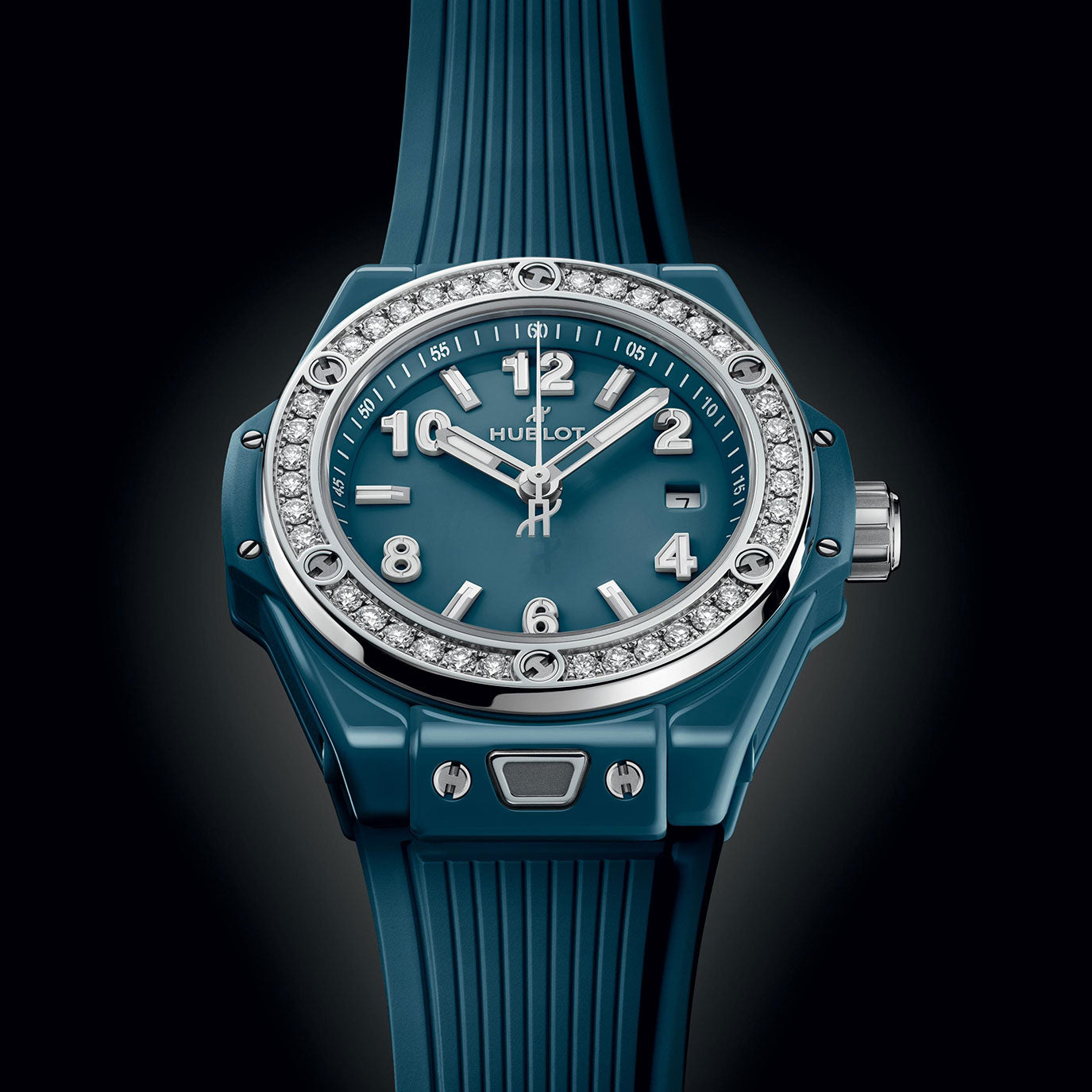Unworn Big Bang One Click Petrol Blue Ceramic Diamonds 33, 485.ES.5171.RX.1204, box and papers
