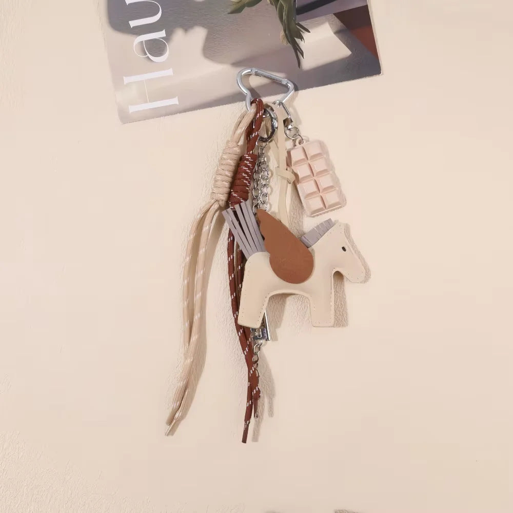 Genuine Leather Horse Keychain with Tassel, Equestrian Bag Charm