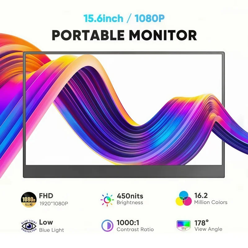 Portable Monitor for Laptop 15.6 Inch FHD 1080P IPS Eye Care Screen with Stand 180