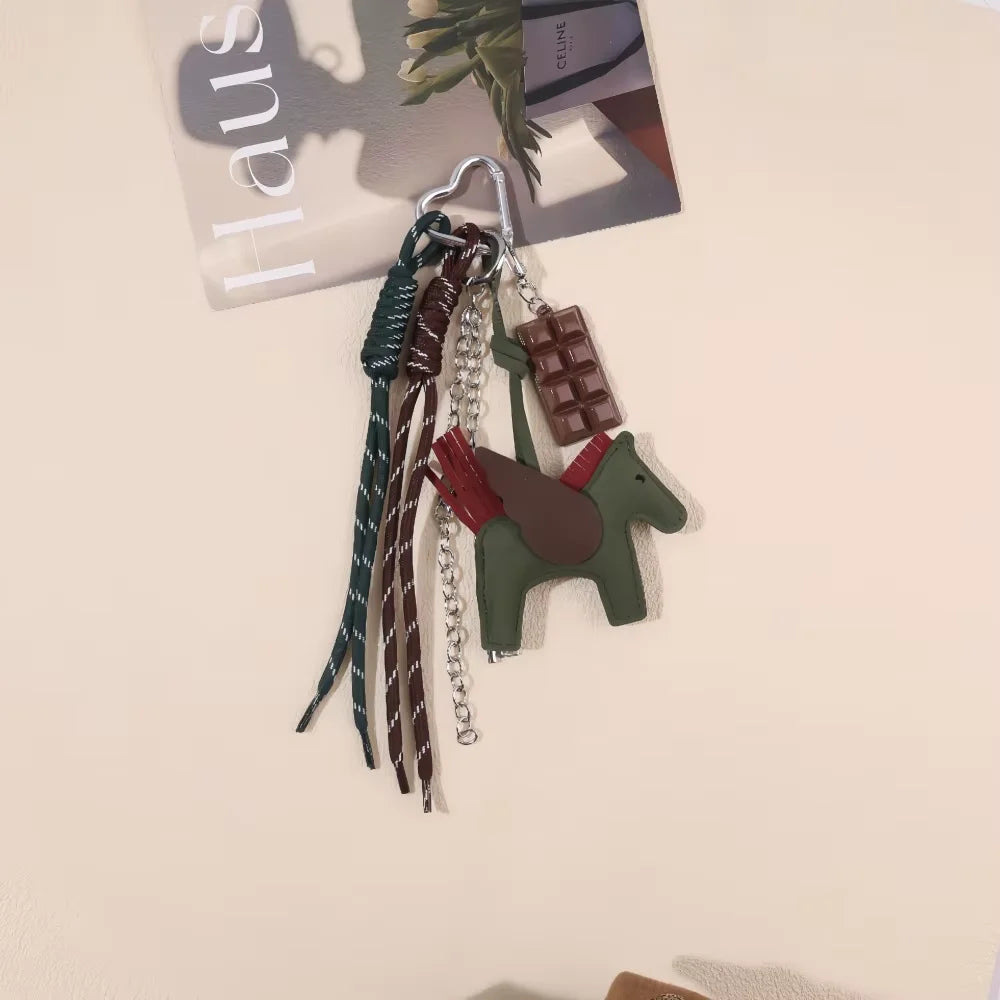 Genuine Leather Horse Keychain with Tassel, Equestrian Bag Charm