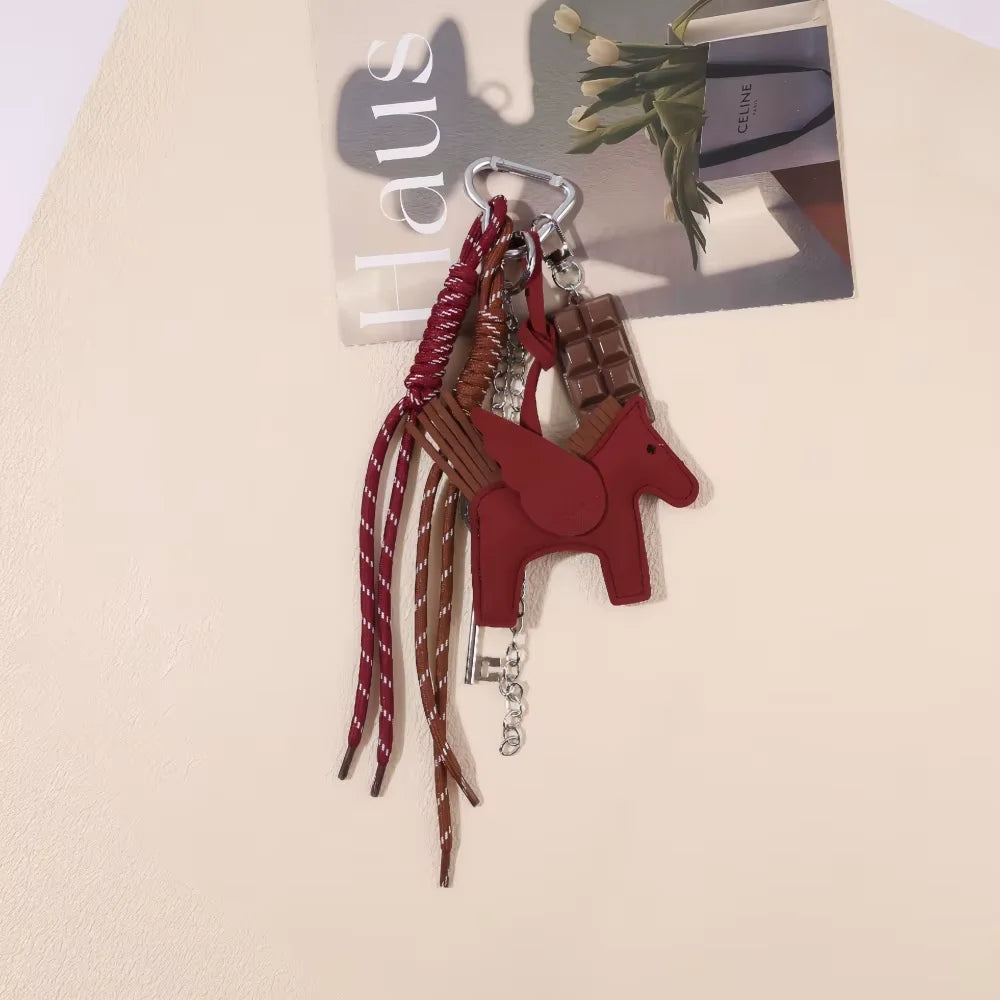Genuine Leather Horse Keychain with Tassel, Equestrian Bag Charm