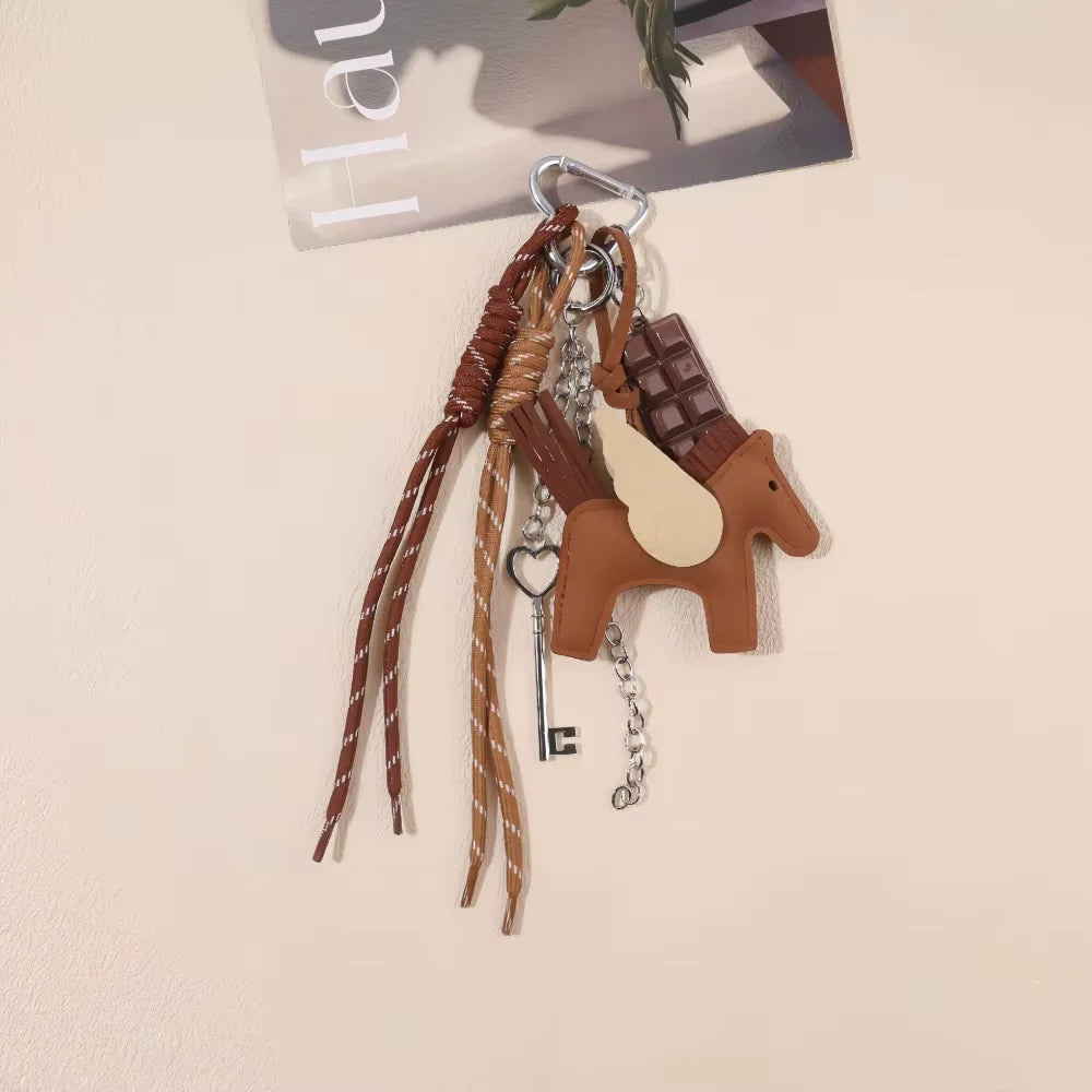 Genuine Leather Horse Keychain with Tassel, Equestrian Bag Charm