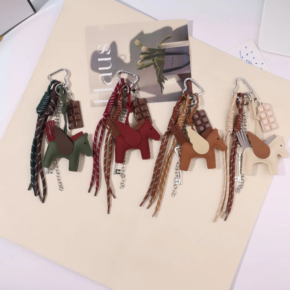 Genuine Leather Horse Keychain Tassel Bag Charm Equestrian Gift In-Stock