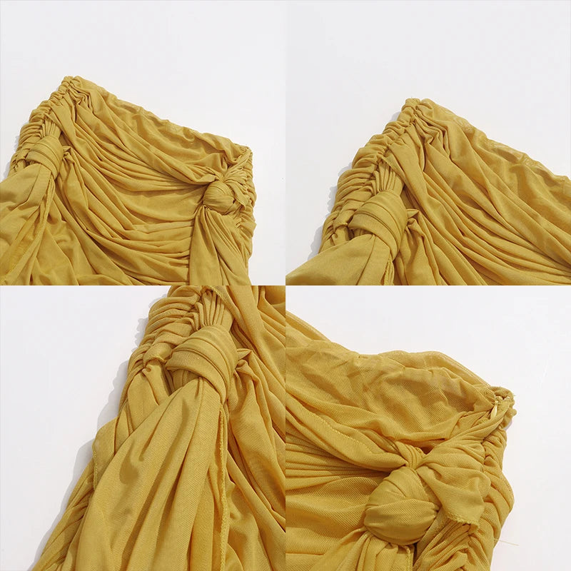 Mustard Yellow Ruched Mesh Midi Skirt with Tie Detail, Layered - image 3