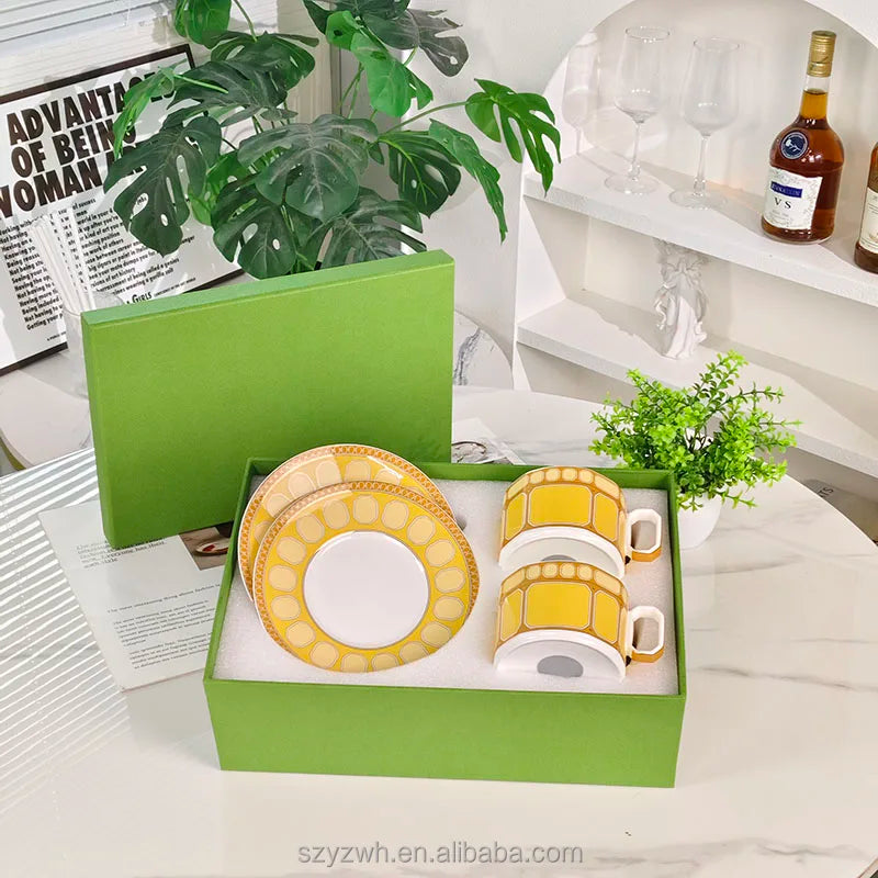Bone China Coffee Cup Set for Two, 2 Cups and 2 Plates, 230 ml