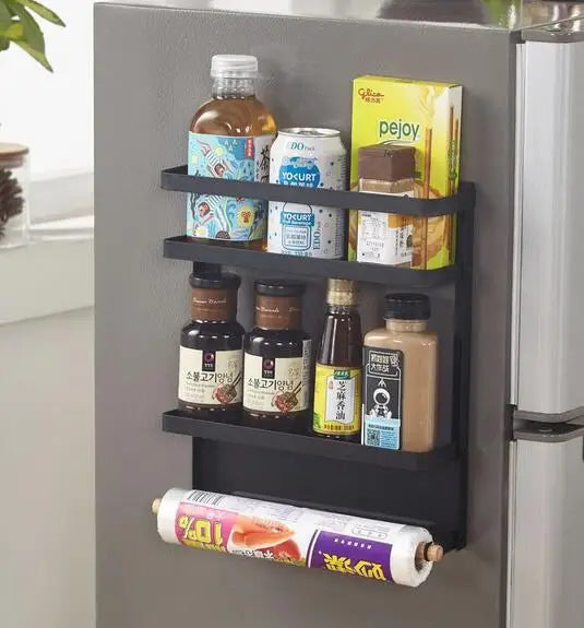Metal Black Magnetic Fridge Spice Rack Organizer,Kitchen Refrigerator Storage Shelf