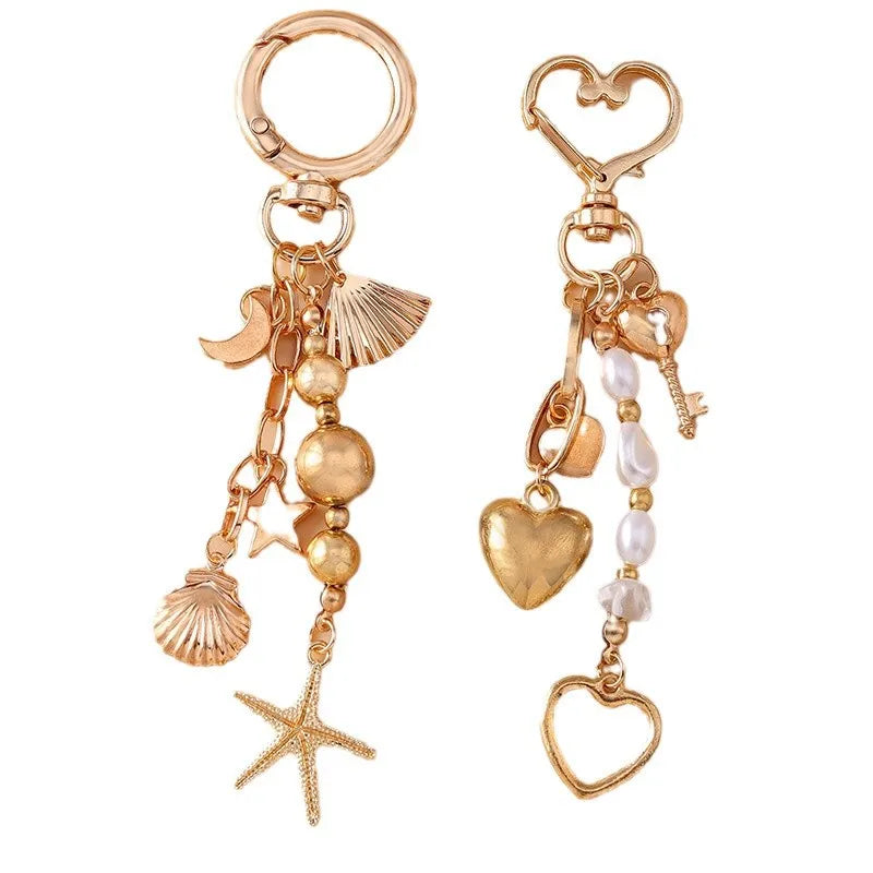 Moon and Star Pearl Beaded Key Ring with Starfish or Heart Charm - image 6