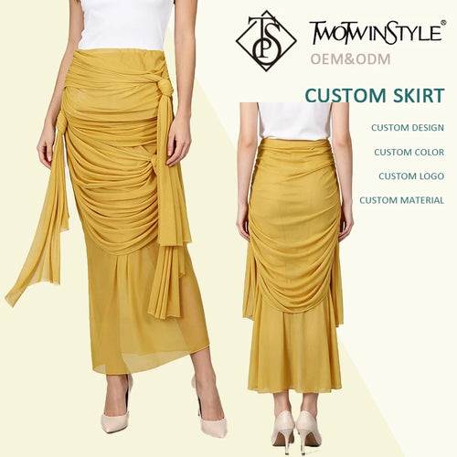 Elegant Mustard Yellow Ruched Tie Detail Midi Skirt Women High Waist Draped Layered Party