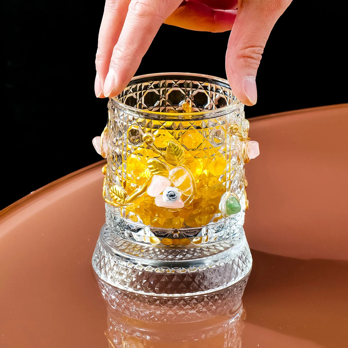 Rotating Glass Cup with Natural Crystal Inlay Handcrafted Luxury Whiskey Tumbler for Home