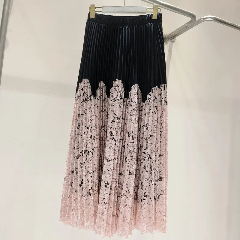 French-Style Lace Patchwork Pleated Wrap Skirt, Floor-Length - image 5