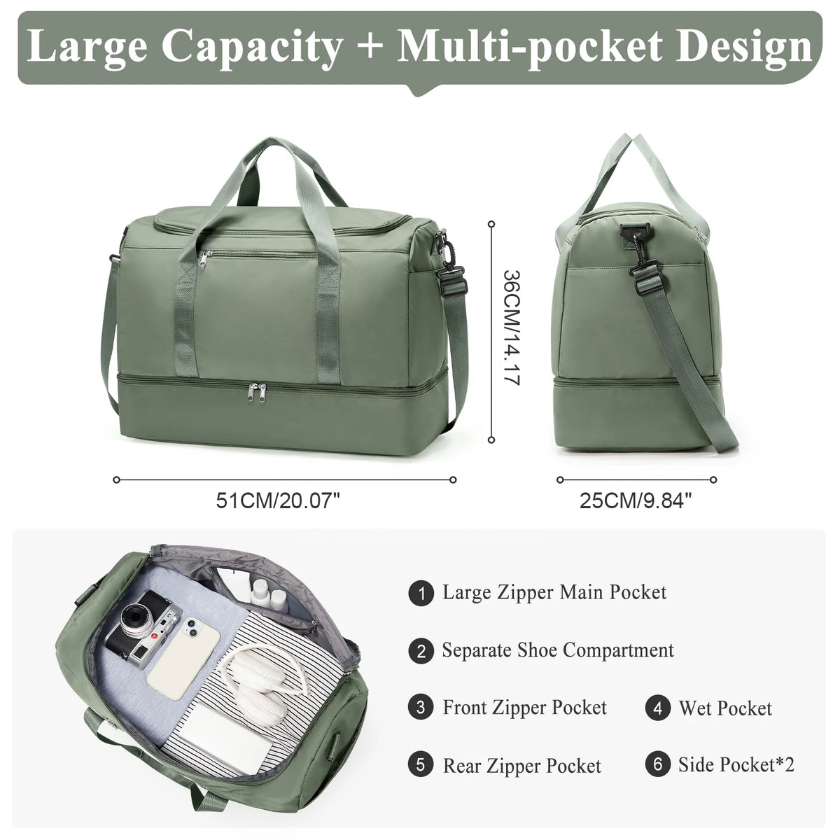 Large Weekender Duffel Bag with Shoe Compartment, 50 x 36 x 25 cm - image 3