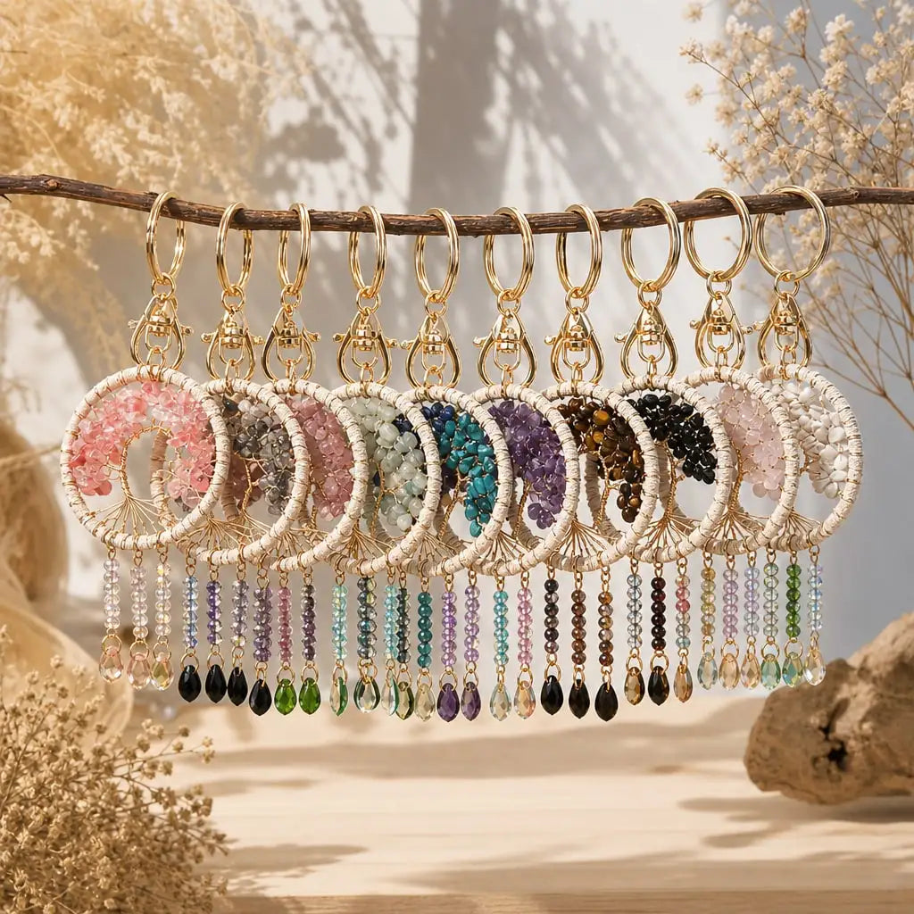 Natural Crystal Chips Tree of Life Dreamcatcher Crystal Key Chains Tassel Beaded Key Ring