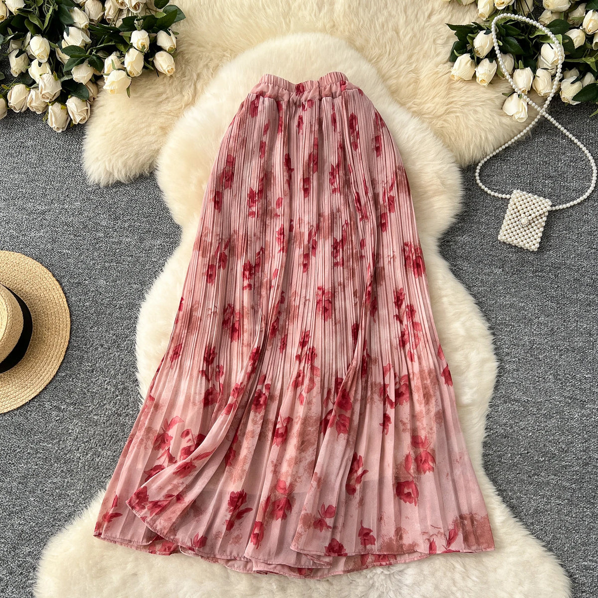 Floral or Solid Chiffon Draped Straight Skirt, High Waist - image 8
