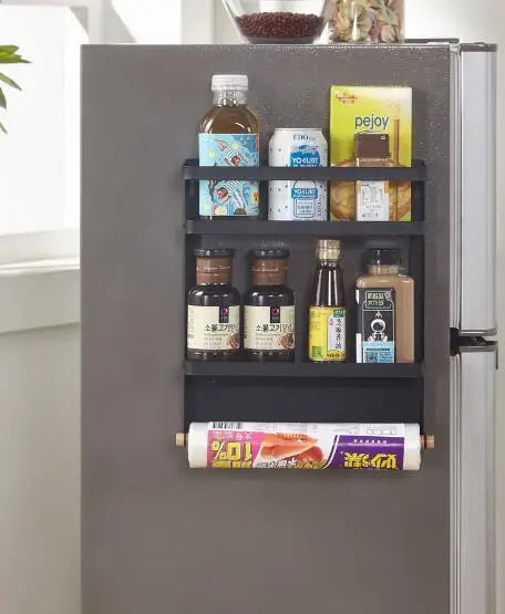 Metal Black Magnetic Fridge Spice Rack Organizer,Kitchen Refrigerator Storage Shelf