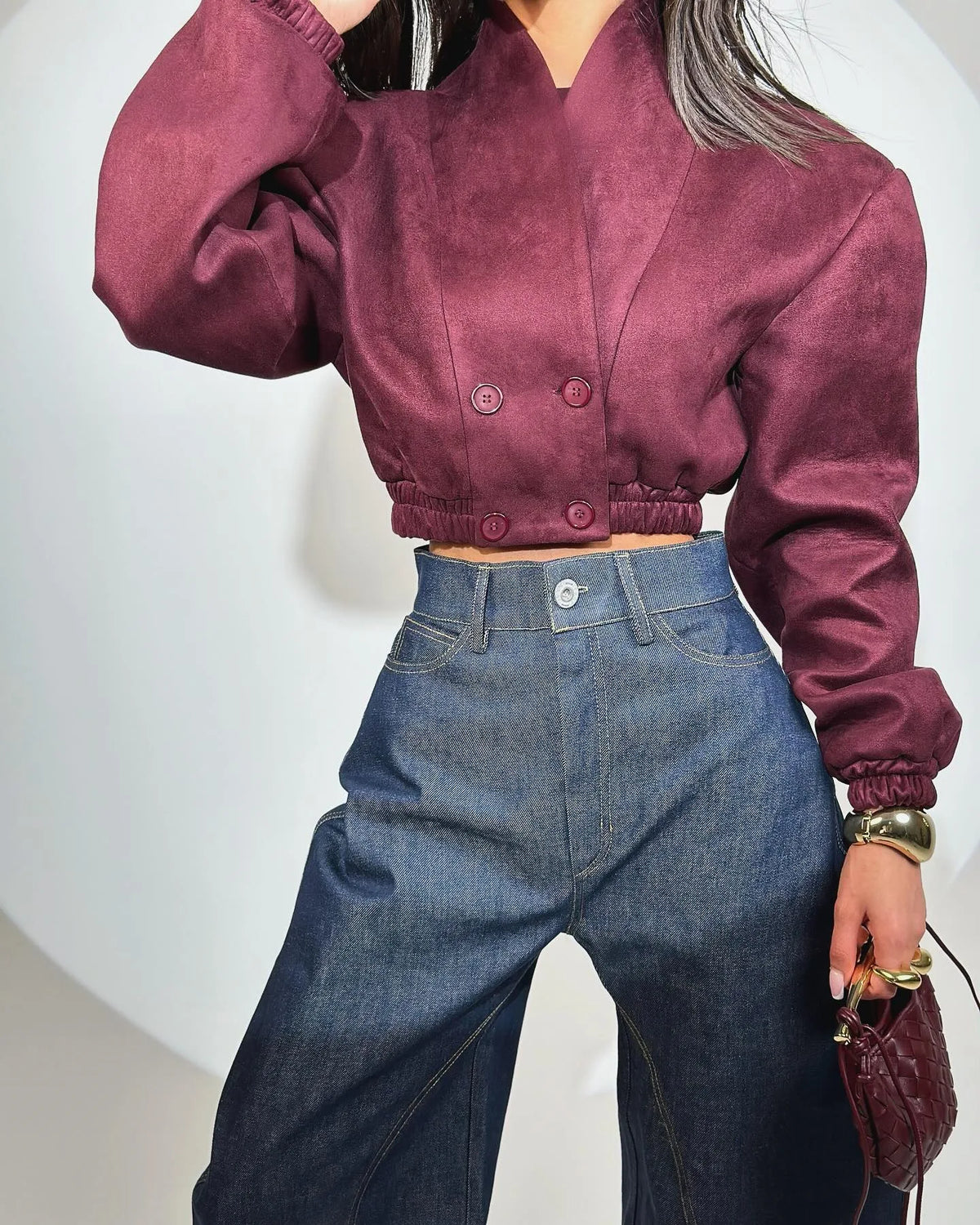 Burgundy Suede Cropped Blazer with Puff Shoulders, Double-Breasted - image 6