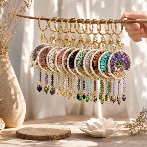 Natural Crystal Chips Tree of Life Dreamcatcher Crystal Key Chains Tassel Beaded Key Ring