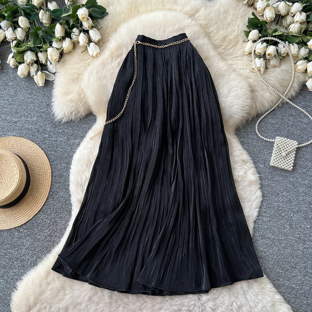 Casual Spring Draped Straight Skirt, Pleated Stretch Blend, One Size
