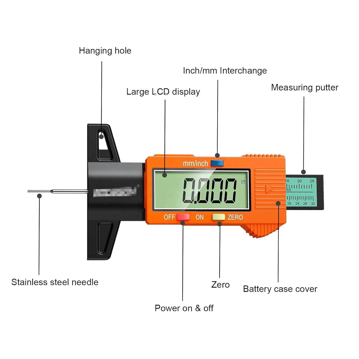 Orange Digital Tread Depth Gauge with Large LCD, 50 g, 0-1" - image 3
